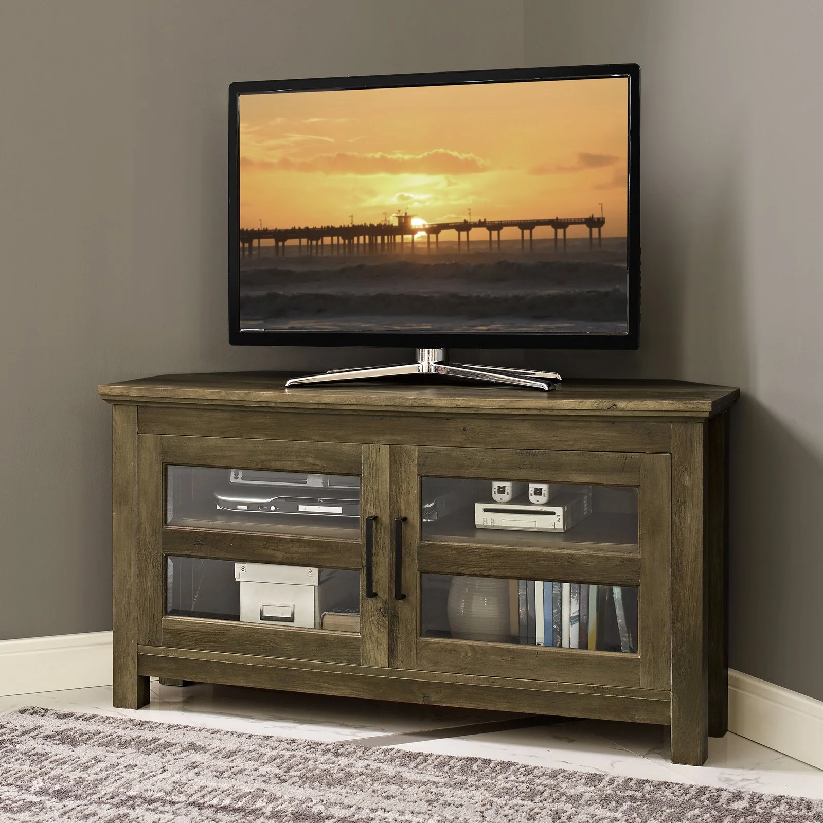 44" Transitional Farmhouse Wood Corner TV Console in Grey Wash
