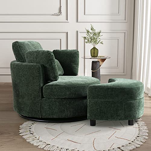 Chair and A Half with Ottoman, 360° Swivel Accent Barrel Chair Modern Comfy Round Reading Sofa Swivel Chairs Circle Lounge Chair for Bedroom Living Room w/4 Pillow Lower Seating Heigh (White, Large)