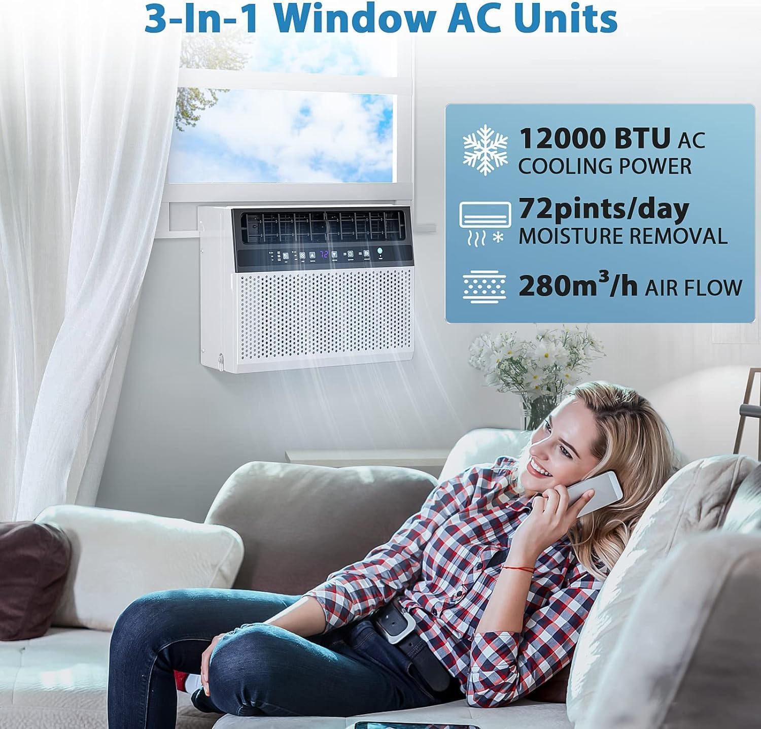 Joy Pebble 12000 BTU Window Air Conditioner, 3 in 1 Ac Window Unit for Room Cools up to 550 Sq.Ft,Dehumidifier&Fan with Energy Saving mode,3 Fan Speeds& Quiet Operation