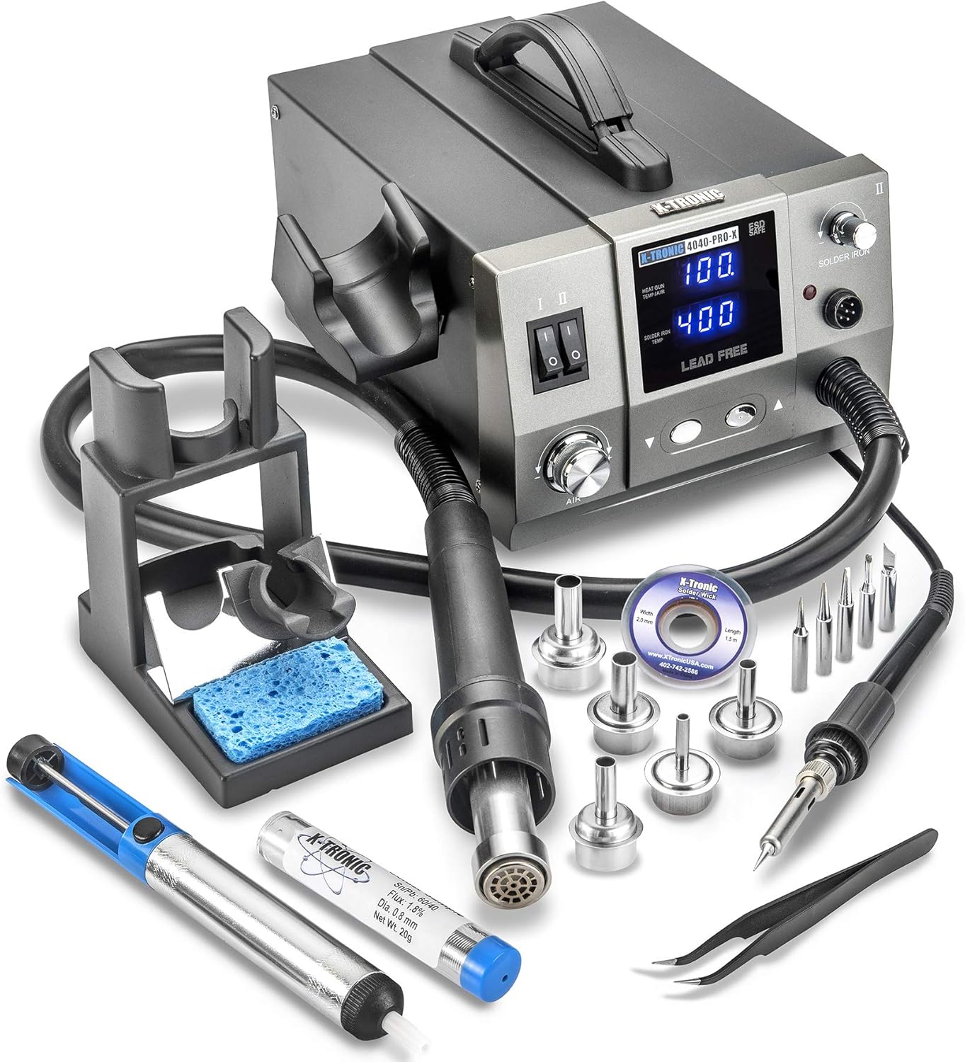 X-Tronic 7040-PRO-X • 775 Watt • Small Footprint Hot Air Rework & Soldering Iron Station • Digital Temp Controls, C/F Conversion, Calibration Func, 0-30 Min Sleep, Auto Cool Down, Mute/Unmute Sound