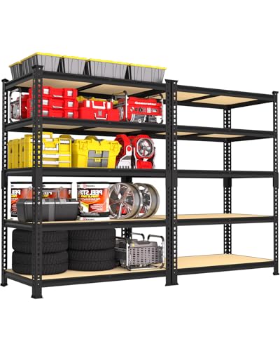 PrimeZone 2 Pack Storage Shelves 48" x 24" x 72" - 5 Tier Heavy Duty Adjustable Garage Storage Shelving, Metal Storage Utility Rack Shelf Unit for Warehouse Pantry Closet Kitchen, Black