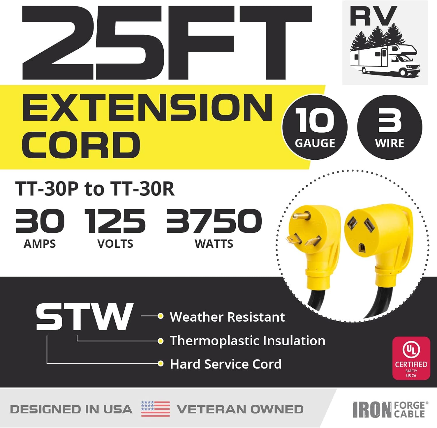 Iron Forge Cable 30 Amp RV Extension Cord 25 Ft - 10/3 STW TT-30P to NEMA L5-30R 125v RV Power Cord