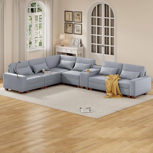 Modular Sectional Sofa, Convertible U Shaped Sofa Couch with Central Console & USB Ports, 7 Seat Modular Sectionals Couch with Chaise and Storage for Living Room, Light Grey