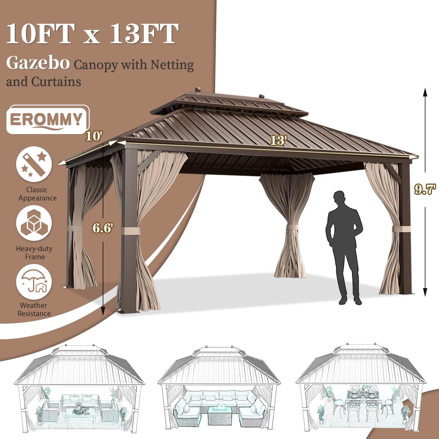 EROMMY Hardtop Gazebo Galvanized Steel Outdoor Gazebo Canopy Double Vented Roof Pergolas Aluminum Frame with Netting and Curtains for Garden,Patio,Lawns,Parties (10'x 13')