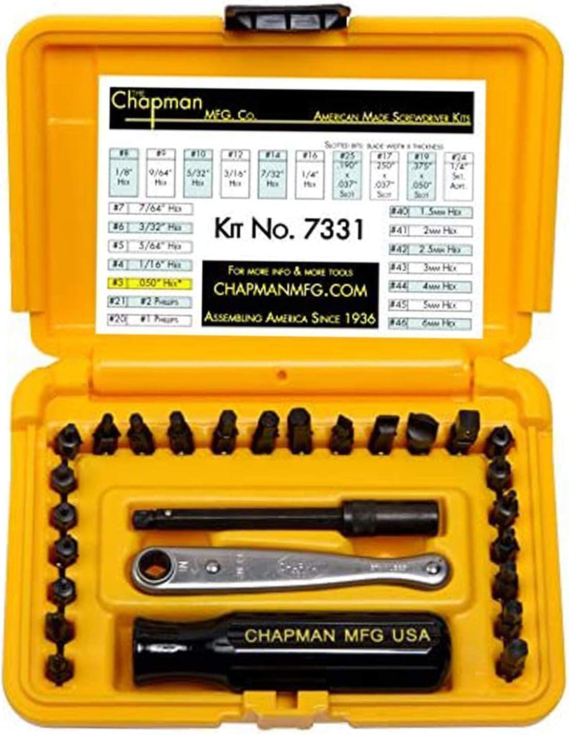 Chapman MFG 7331 All-Purpose Standard Screwdriver Set - Includes Phillips, SAE Allen Hex & Slotted/Flathead Bits, Complete Set Offers 24 USA Made Insert Bits + Mini Ratchet Hand Tool (Desert Tan Case)