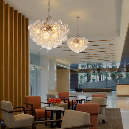 Longree Bubble Glass Globe Chandelier Swirled Ribbed Clear Blown Glass Ball Chandeliers Art Cluster Pendant Lights Dining Table Lighting Fixture for Living Room Bathroom Kitchen Entryway Foyer Bedroom