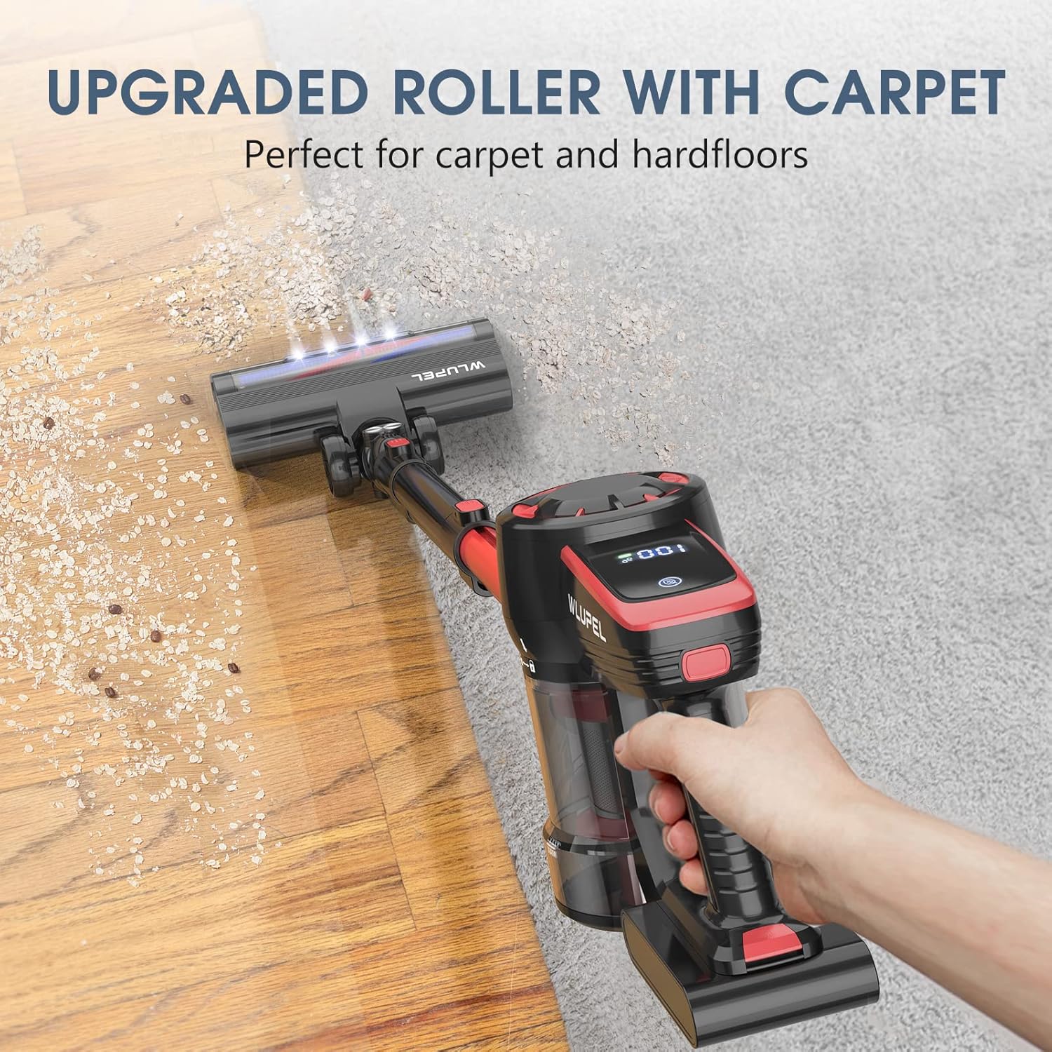 Cordless Vacuum Cleaner, 250W Stick Vacuum Cleaner with 25KPA Powerful Suction, Lightweight Handheld Vacuum LED Display for Carpet and Floor, Pet Hair