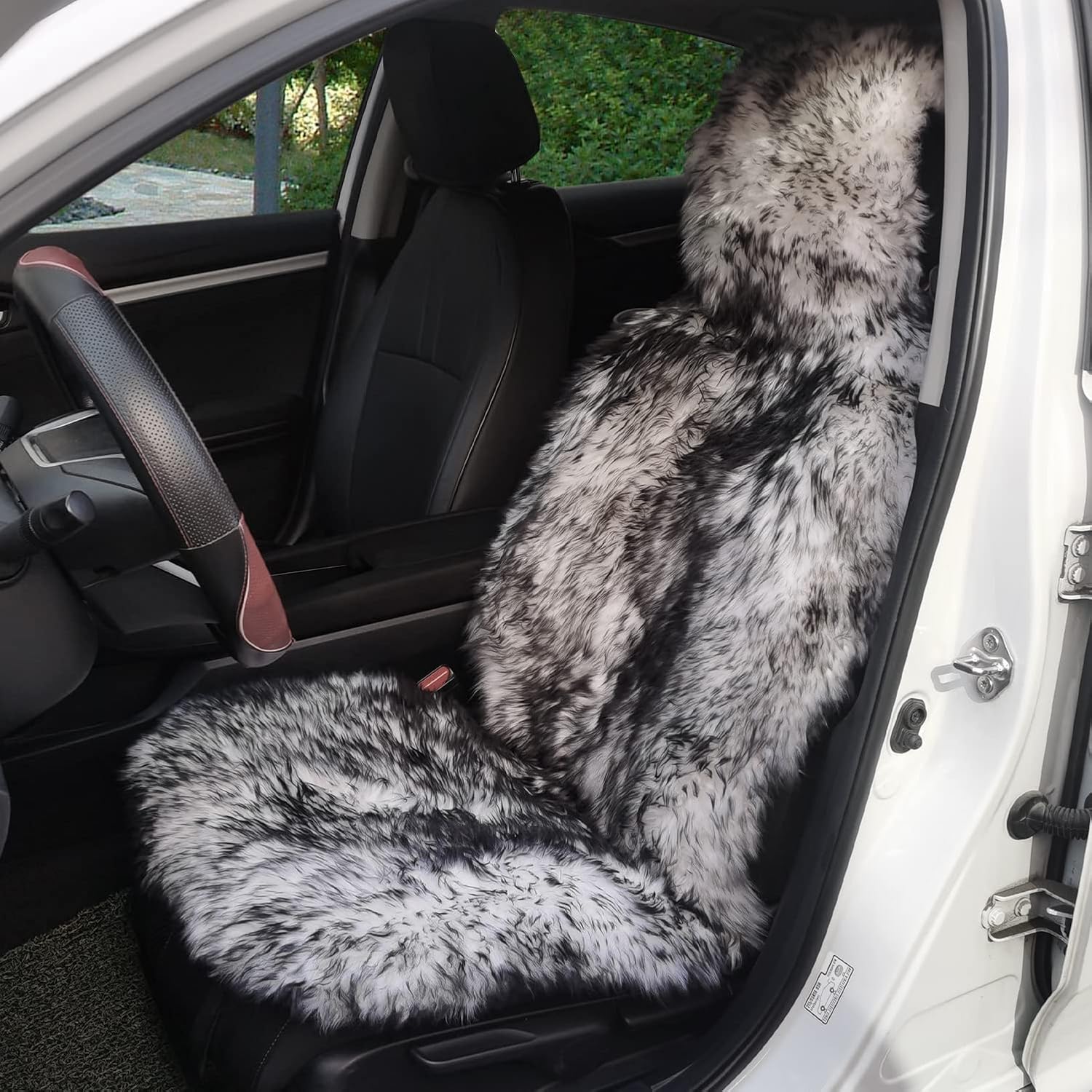 Sheepskin Seat Cover Extra Dense Pelt Genuine Australian Long Fur Sheepskin Car Seat Cushion Natural Pure Wool Automotive Seat Cover, Universal Fits Cars, SUVs, Trucks Minivans, 1pc - White/Black