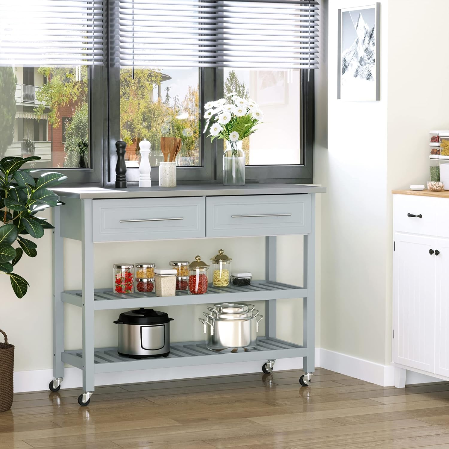 HOMCOM Kitchen Island Stainless Steel Top Rolling Utility Cart with Drawers, Shelves - Grey