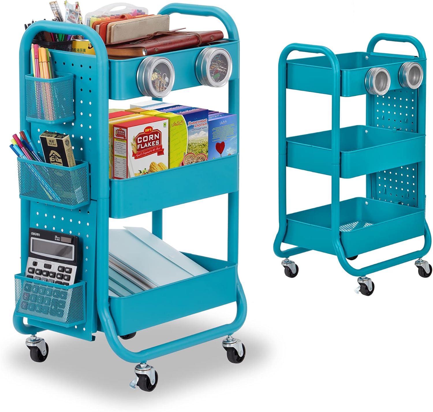 DESIGNA Heavy Duty 3-Tier Metal Rolling Cart,Utility Storage Cart with DIY Pegboard,Craft Art Carts with Handle and Extra Office Storage Accessories for Kitchen Office Home, Turquoise