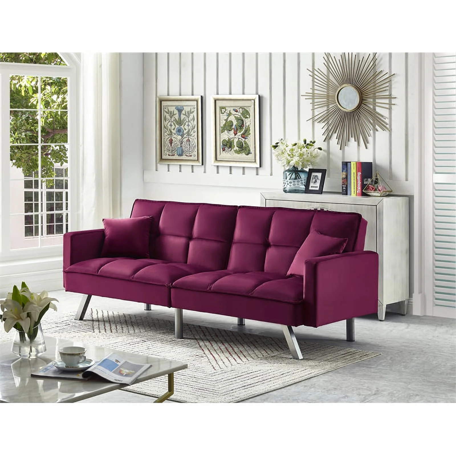 Legend Vansen 80" Convertible Wood & Velvet Fabric Sleeper Sofa Bed in Red