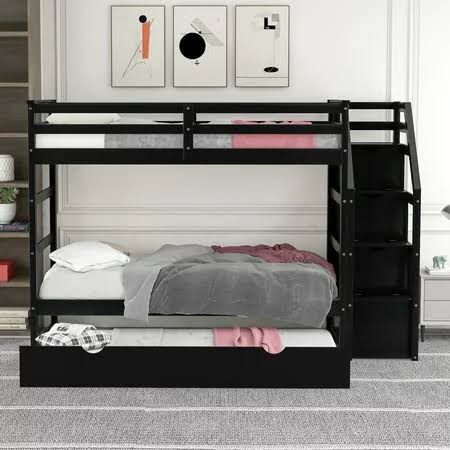 Stairway Bunk Bed, Twin Over Twin, Trundle with Storage Drawers, Staircase and Safety Guard Rail for Kids, Boys, Girls and Adult