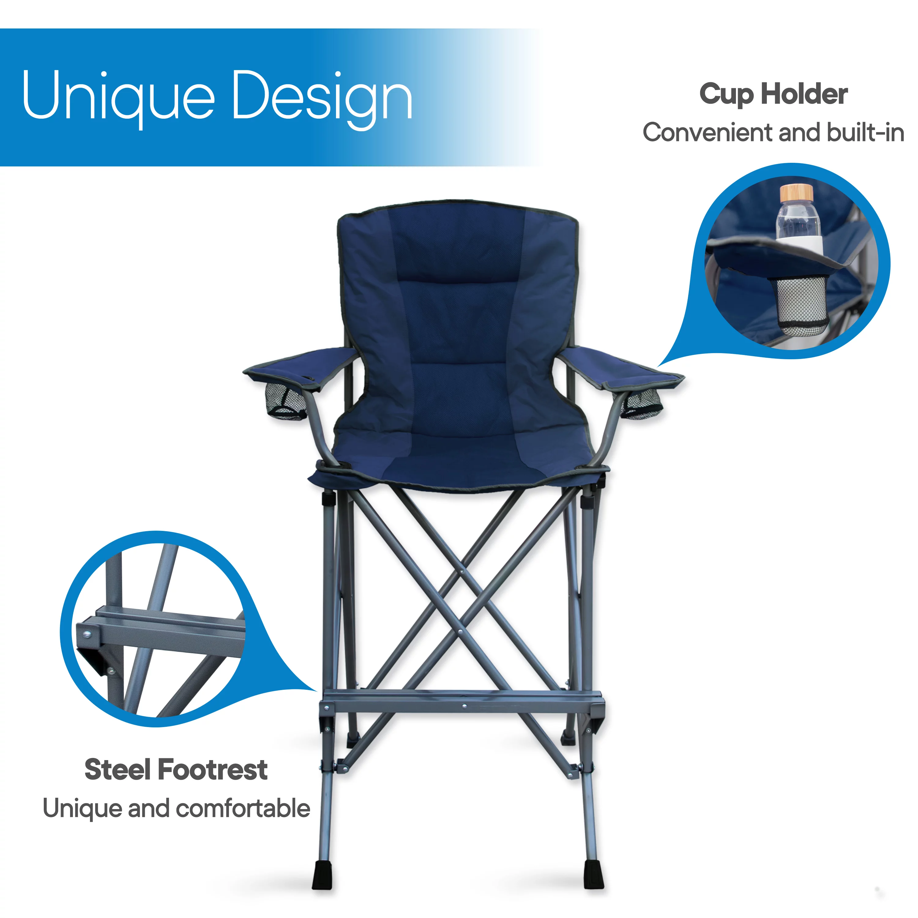 Extra Tall Folding Chair - Bar Height Director Chair for Camping, Home Patio and Sports - Portable and Collapsible with Footrest and Carrying Bag - Up to 300 lbs Weight Capacity (Blue)