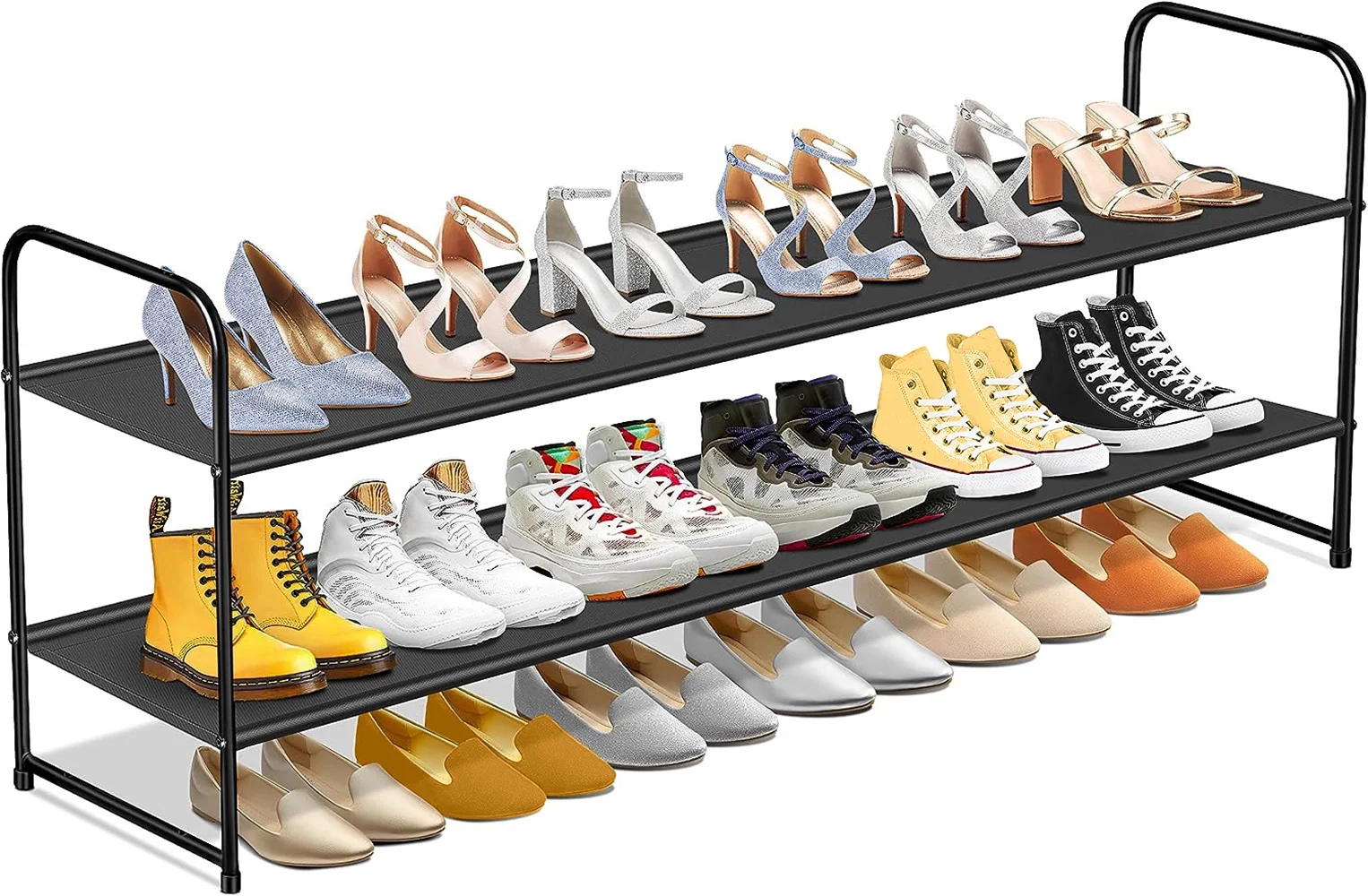 MISSLO Stackable Long Shoe Rack, 2-Tier Wide Shoe Rack Organizer Holds 18-Pairs Shoe Stand Shelf Storage for Closet, Bedroom, Floor, Entryway (Black) - Curated Treasures Market