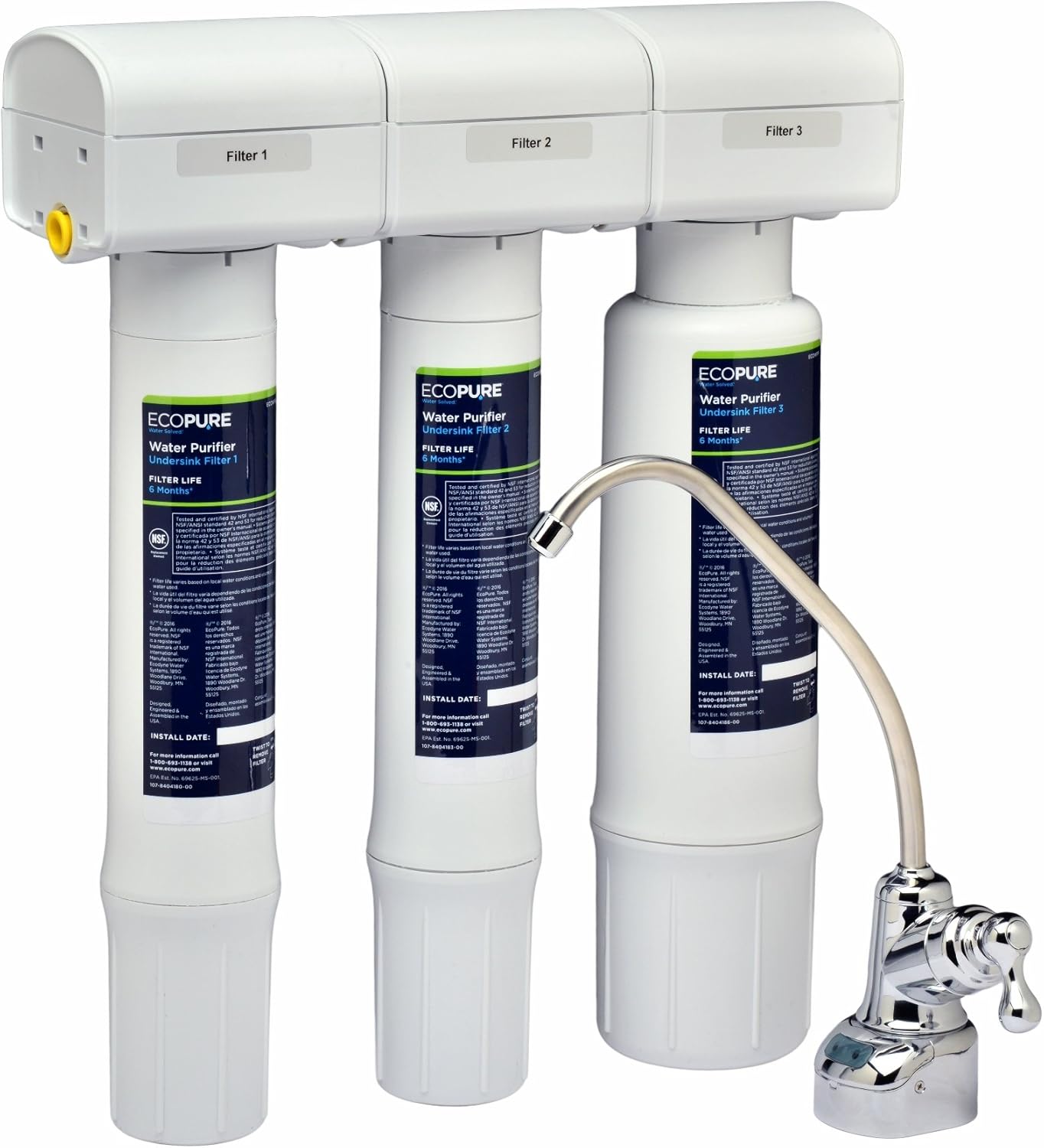 EcoPure Purifier Filtration System (ECOP40) | NSF Certified | Safe Drinking Water Right from Your Kitchen Sink, White