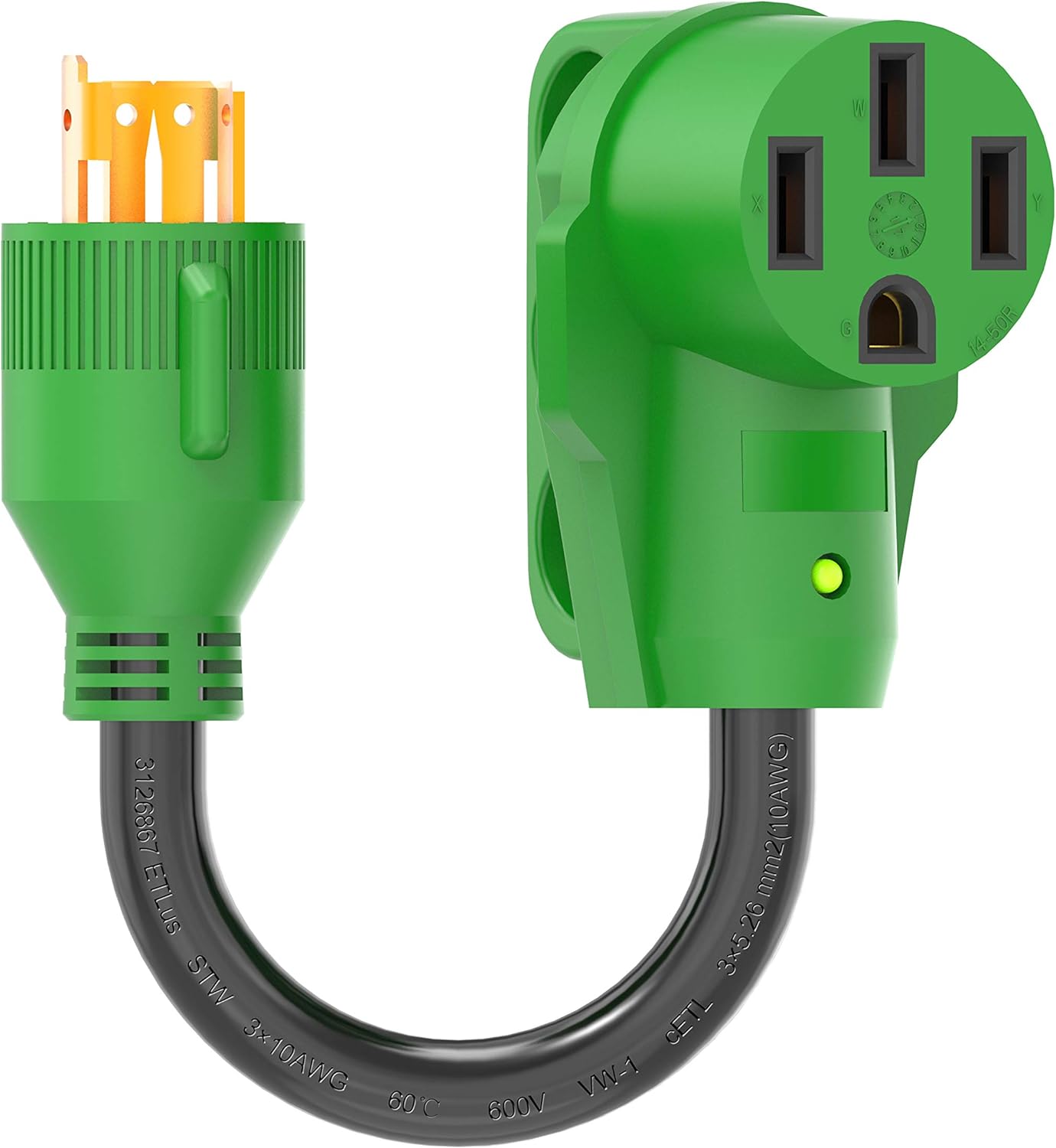 RVGUARD 4 Prong 30 Amp to 30 Amp RV Generator Adapter Cord 12 Inch, STW 10/3, L14-30P Locking Male Plug to TT-30R Female with LED Power Indicator, Green