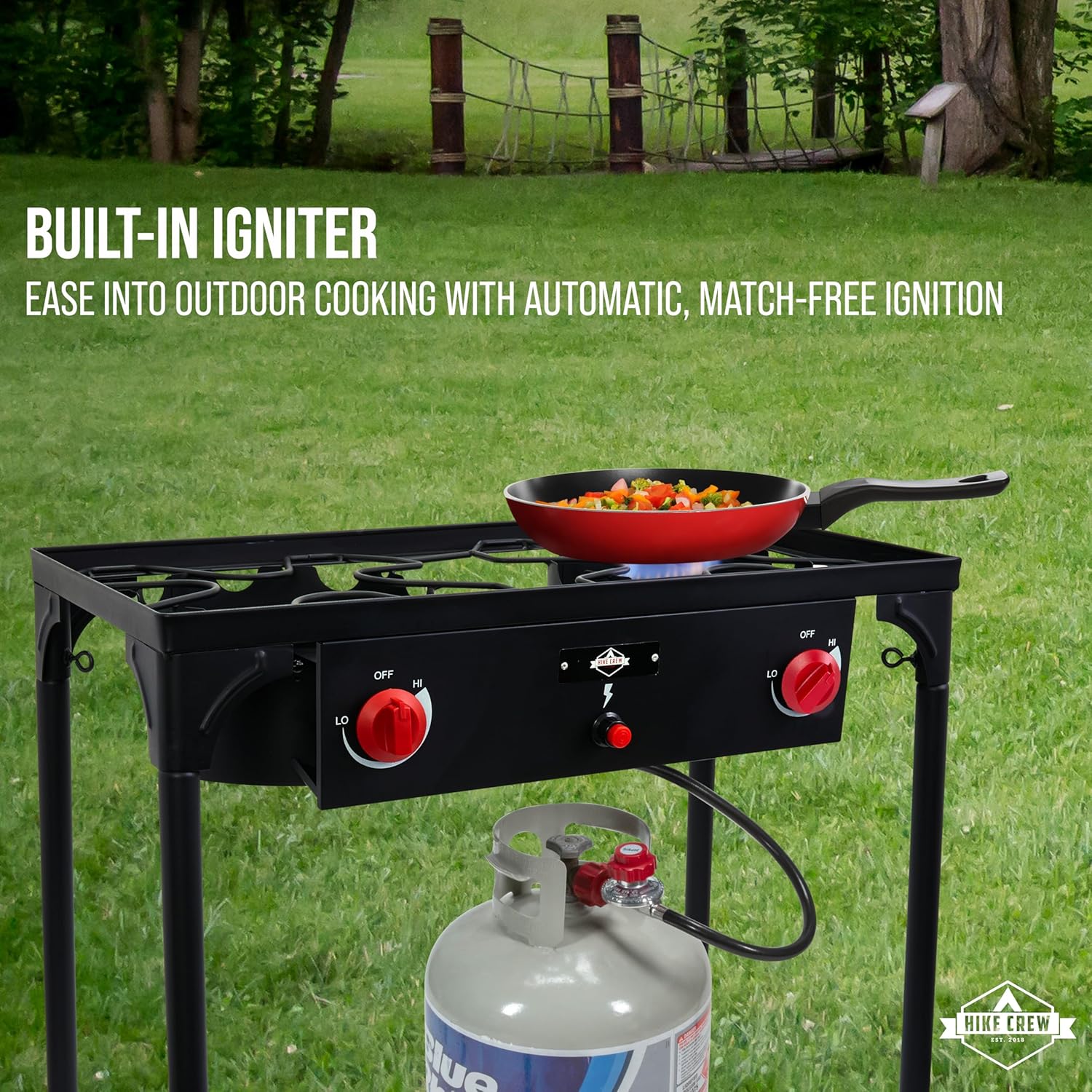 Hike Crew Auto Ignition Double-Burner Outdoor Gas Stove | 150,000 BTU Portable Propane-Powered Cooktop with Blue Flame Control, Removable Legs, Temperature Setting Knobs | Includes Hose & Regulator