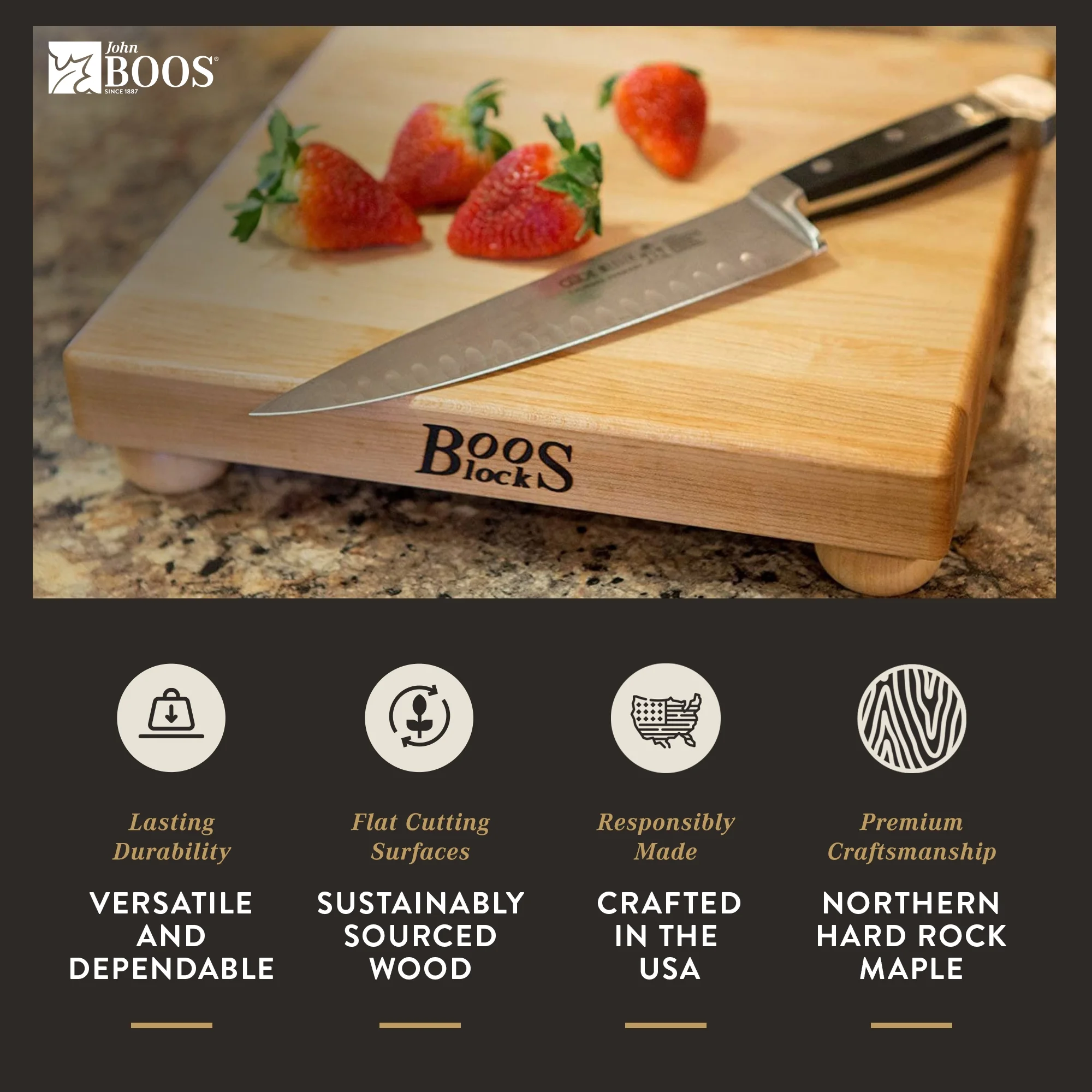 John Boos Small Maple Wood Cutting Board for Kitchen, 12" x 12" x 1.5"