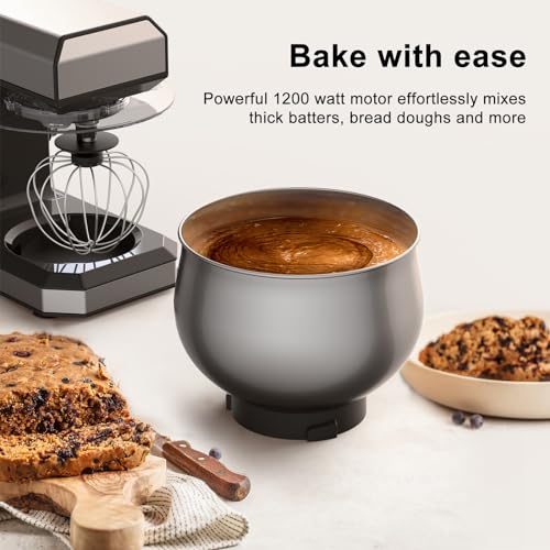 Stand Mixer,5.3Qt Small Electric Food Mixer,1200W Tilt-Head Food Mixer with Dishwasher,6 Speeds Portable Lightweight Kitchen Mixer for Daily Use with Egg Whisk,Dough Hook,Flat Beater (Silver)
