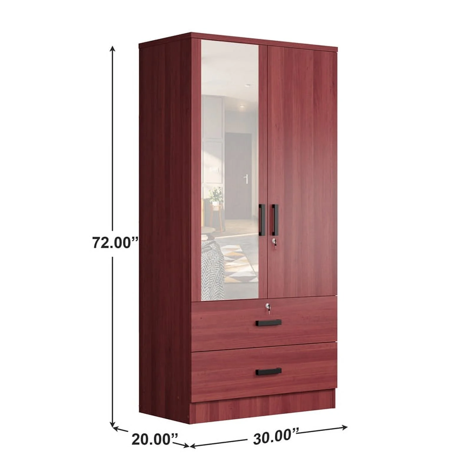 Better Home Products Grace Armoire Wardrobe with Mirror & Drawers in Mahogany
