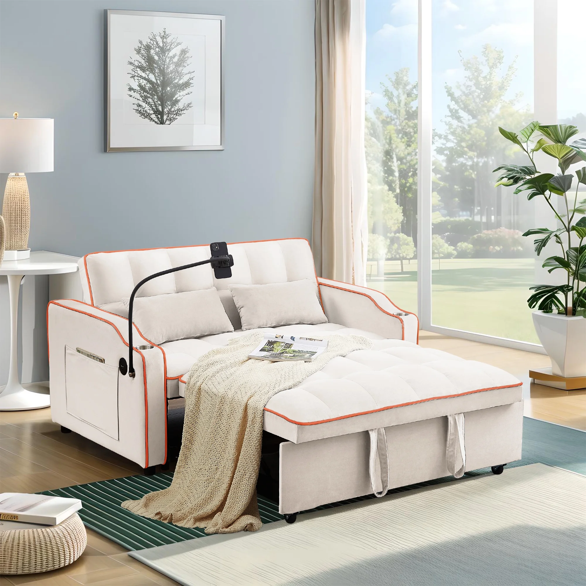 Muumblus Pull Out Sofa Bed, 3-in-1 Convertible Sofa Bed, Modern 2 Seater Sofa Bed with USB Port and Cup Holders, Velvet Loveseat Sleeper for Living Room, Small Spaces, Beige