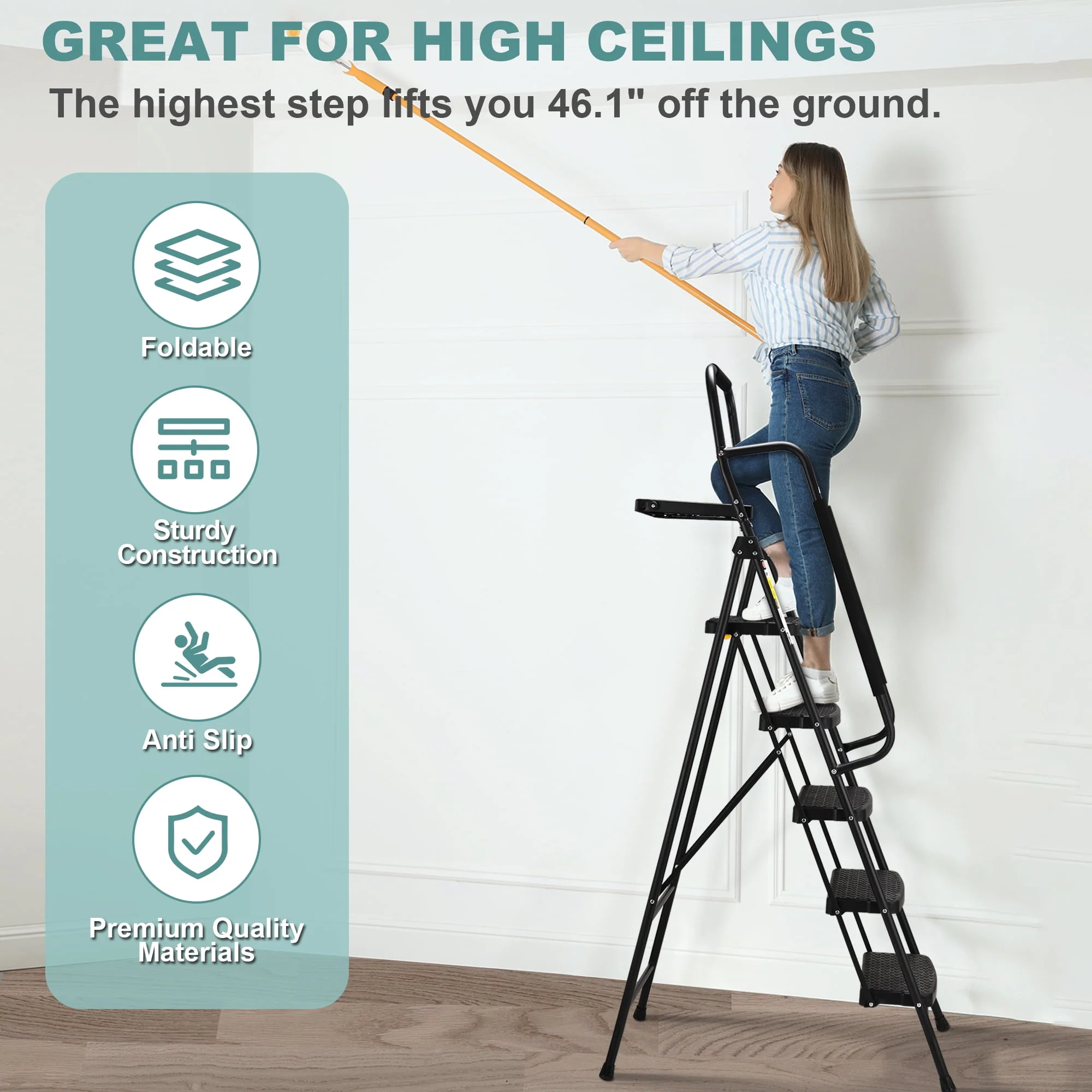 HBTower Folding 5-Step Ladder, 330lbs, with Handrails and Tool Tray and Anti-Slip Pedal, Black