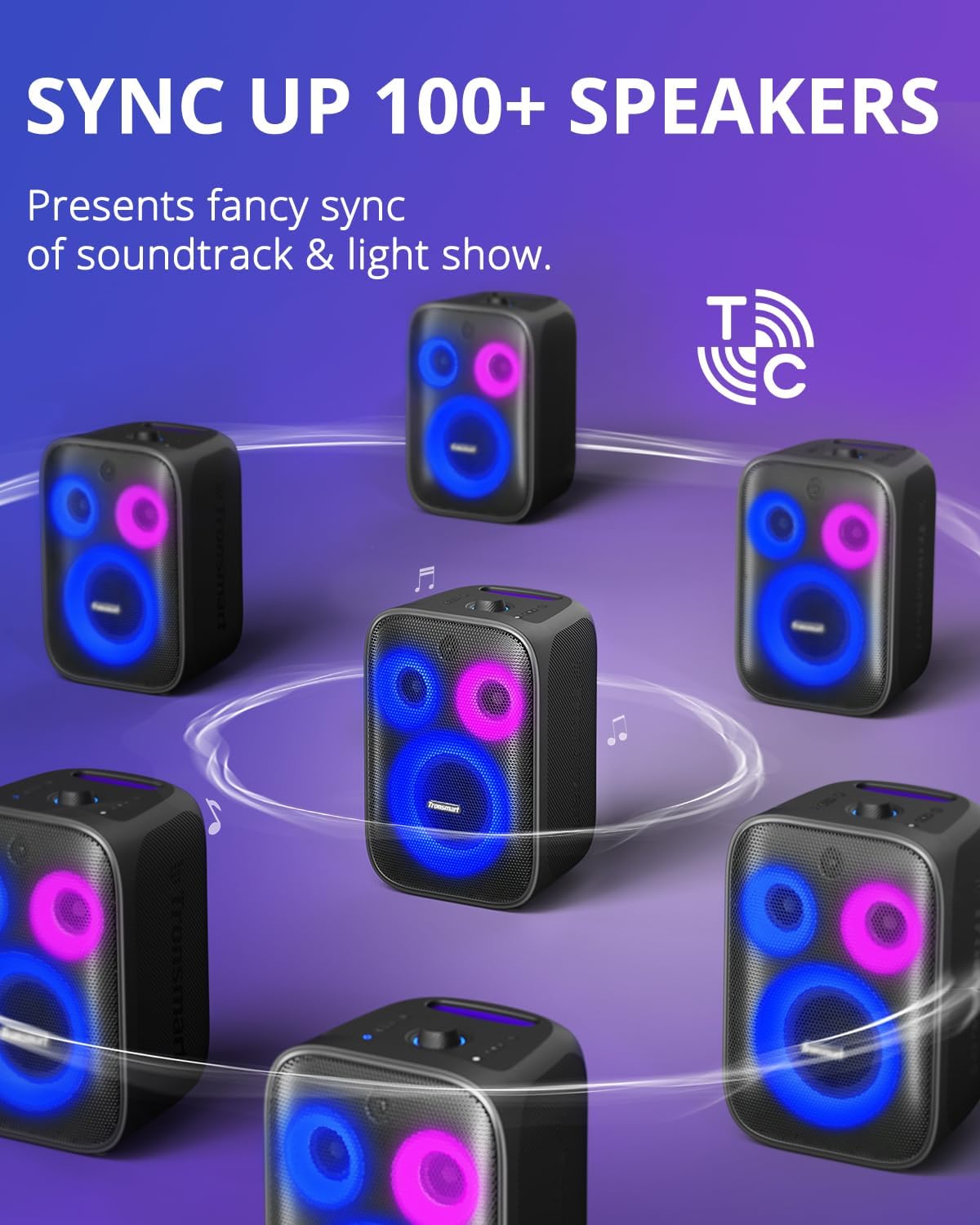 Tronsmart Halo 200 Bluetooth Speaker(No Microphone), Loud Speaker with Powerful Sound and Deep Bass, Party Sync, 5 Lighting Modes, Custom EQ &Lights, 18H Playtime, Supports Mic & Guitar for Party