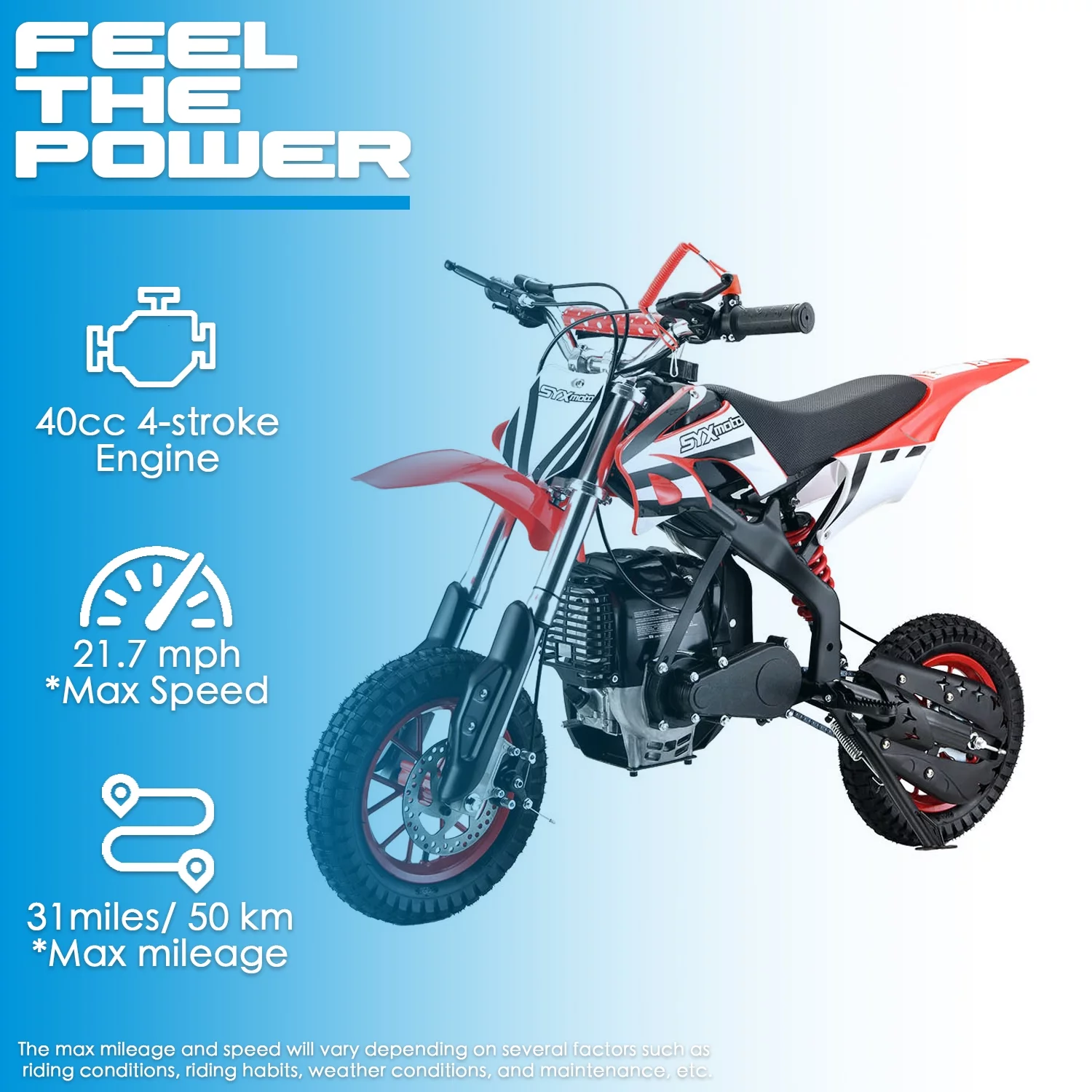 SYX MOTO MT-2 Gas Power 40cc 4 Stroke Kids Dirt Bike, Pull Start, Red, Brand New - Curated Treasures Market