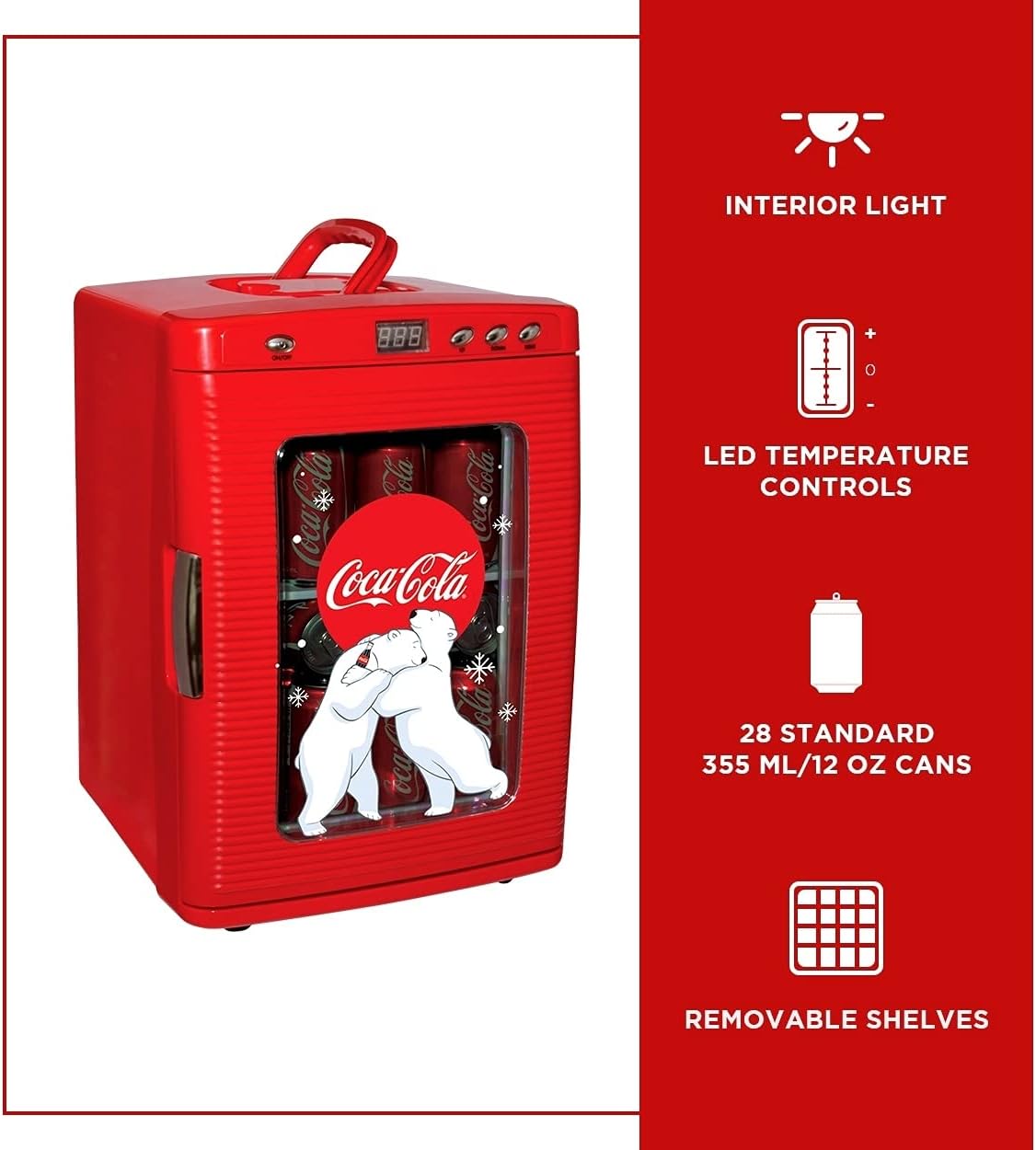 Coca-Cola Polar Bear 28 Can Cooler/Warmer w/ 12V DC and 110V AC Cords, 25L (28 qt) Portable Mini Fridge w/Display Window, Travel Refrigerator for Snacks Lunch Drinks, Desk Home Office Dorm, Red