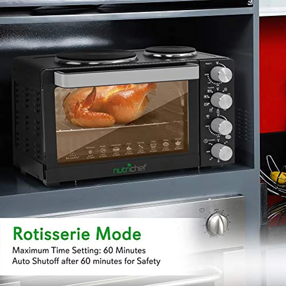 NutriChef 30 Quarts Kitchen Convection Oven - 1400 Watt Countertop Turbo, Rotisserie Roaster Cooker with Grill, Griddle Top Rack, Dual Hot Plates, Toaster, Baking Tray, Skewers and Handles - PKRTO