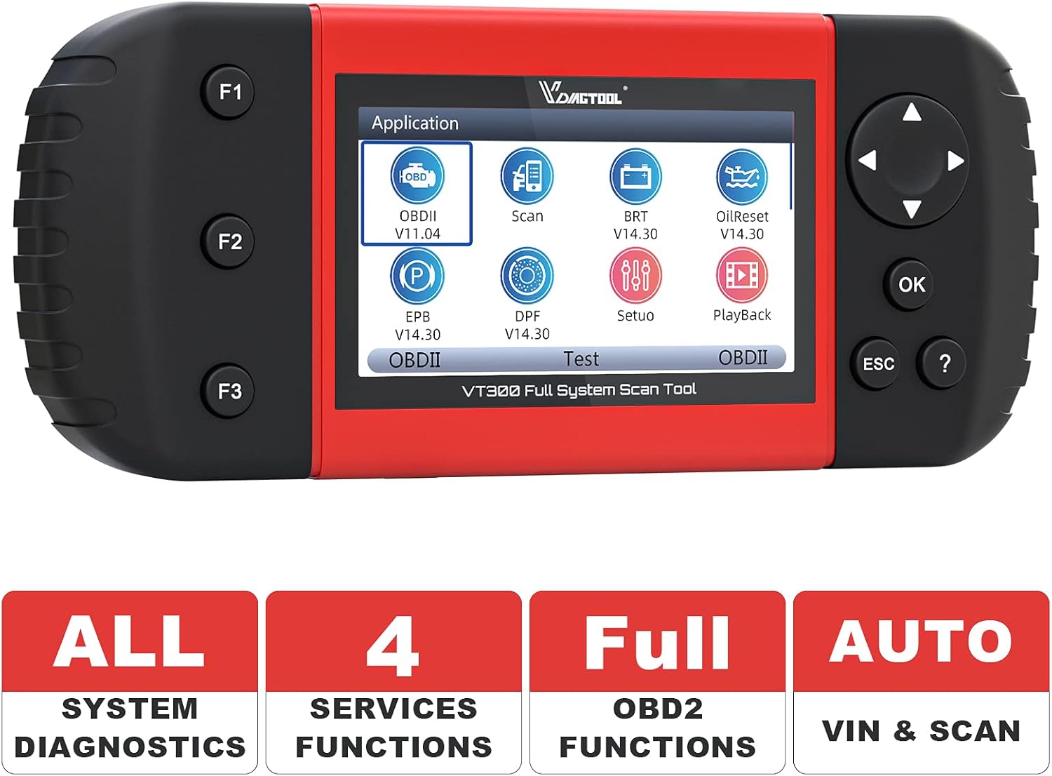 VDIAGTOOL VT300 Car Diagnostic Scanner OBD2, OE Level Full Systems Diagnostics Scan Tool, All Systems Code Reader with Live Data/Freeze Frame, Oil Reset/EPB/DPF/BMS Reset, Auto VIN, 3 Years Update