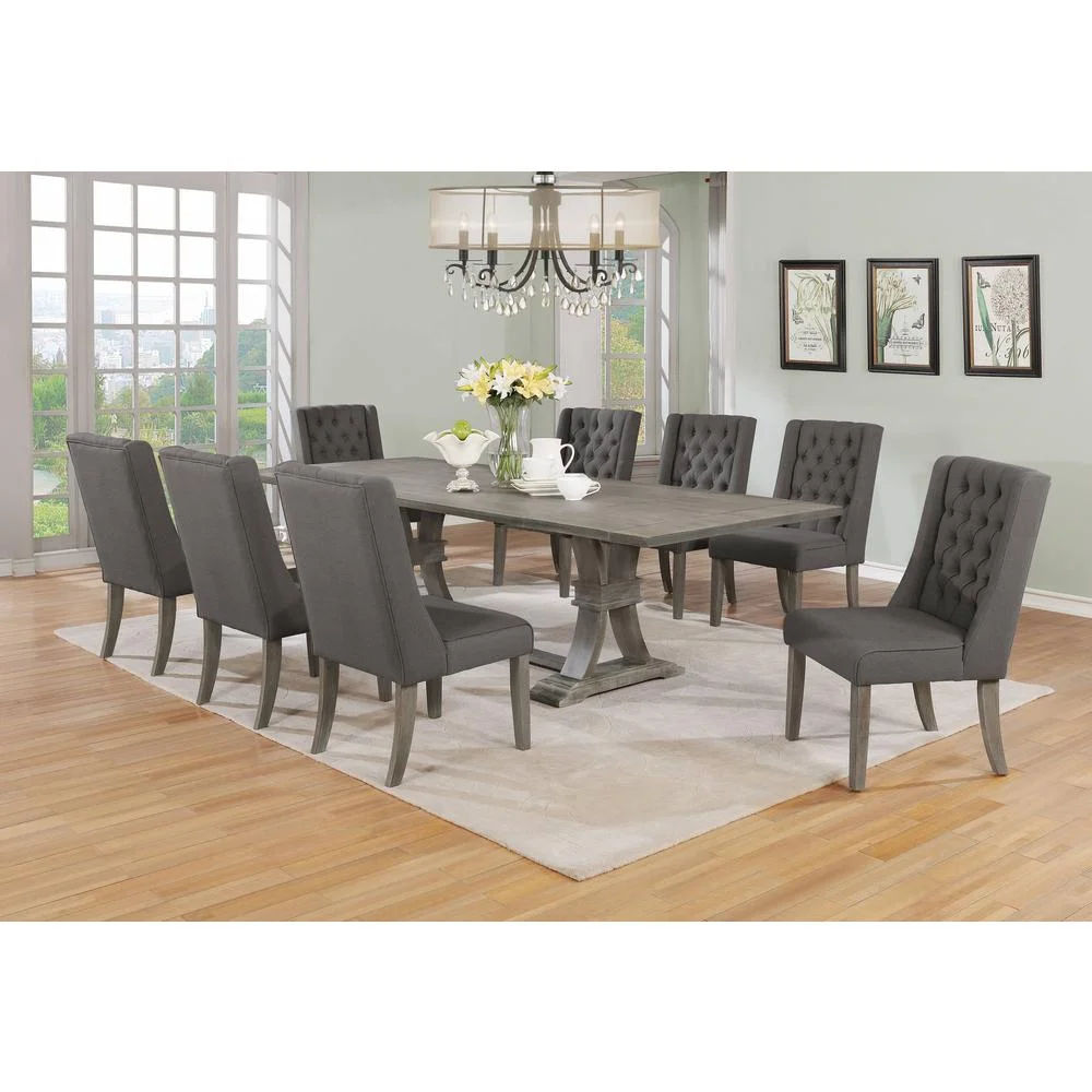 Rustic Gray Wood 9pc Dining Set with Table and Gray Linen Chairs