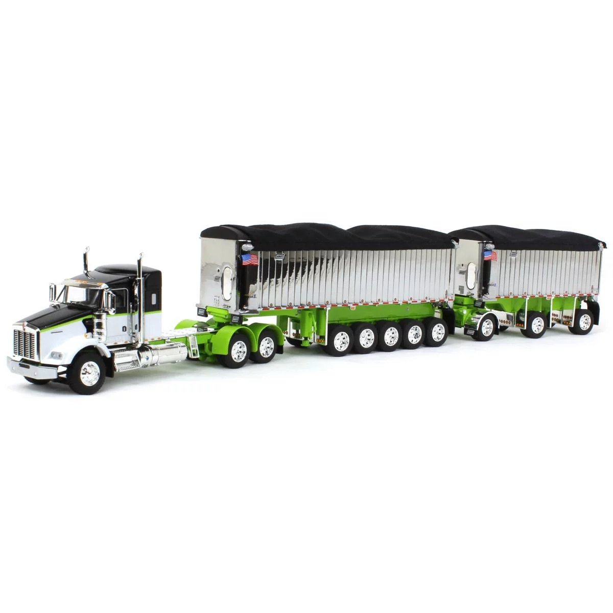 First Gear 1/64 Lime/Chrome Kenworth T800 w/ Chrome East Genesis II End Dump Trailers, DCP, 60-1573 - Curated Treasures Market