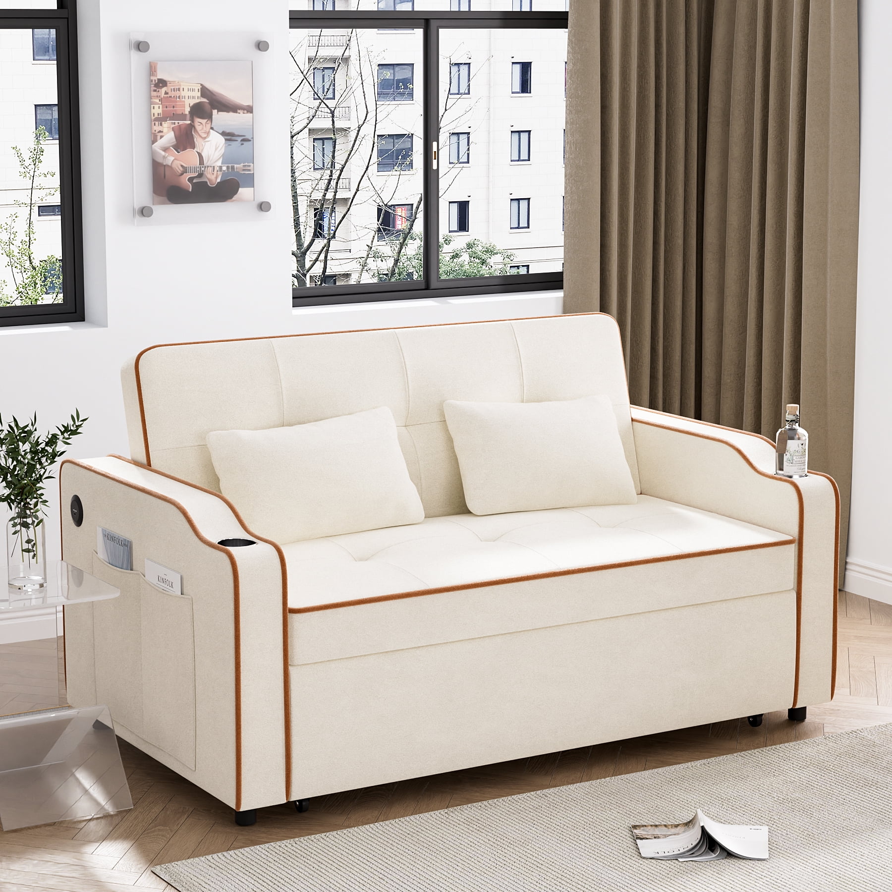 Rophefx 3 in 1 Convertible Sleeper Sofa Couch with Pullout Bed, Sherpa Loveseat Sofa with Storage and Pillows, Modern 2 Seater Futon Couch Bed for RV, Living Room, Bedroom and Small Space