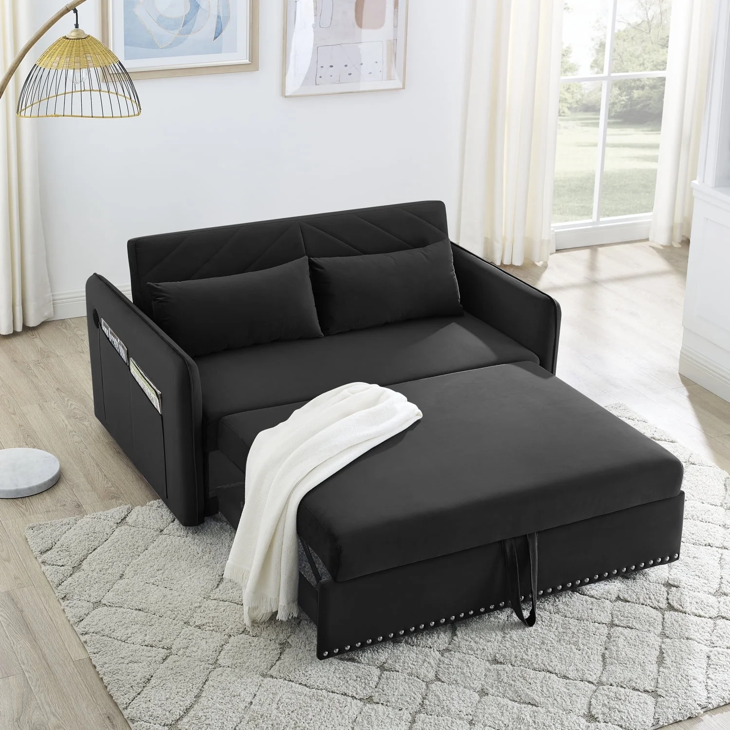 Holaki Pull-out Sofa Sleeper, 3-in-1 Adjustable Sleeper with Pull-out Bed, 2 Lumbar Pillows and Side Pocket, Soft Velvet Convertible Sleeper Sofa Bed, Black