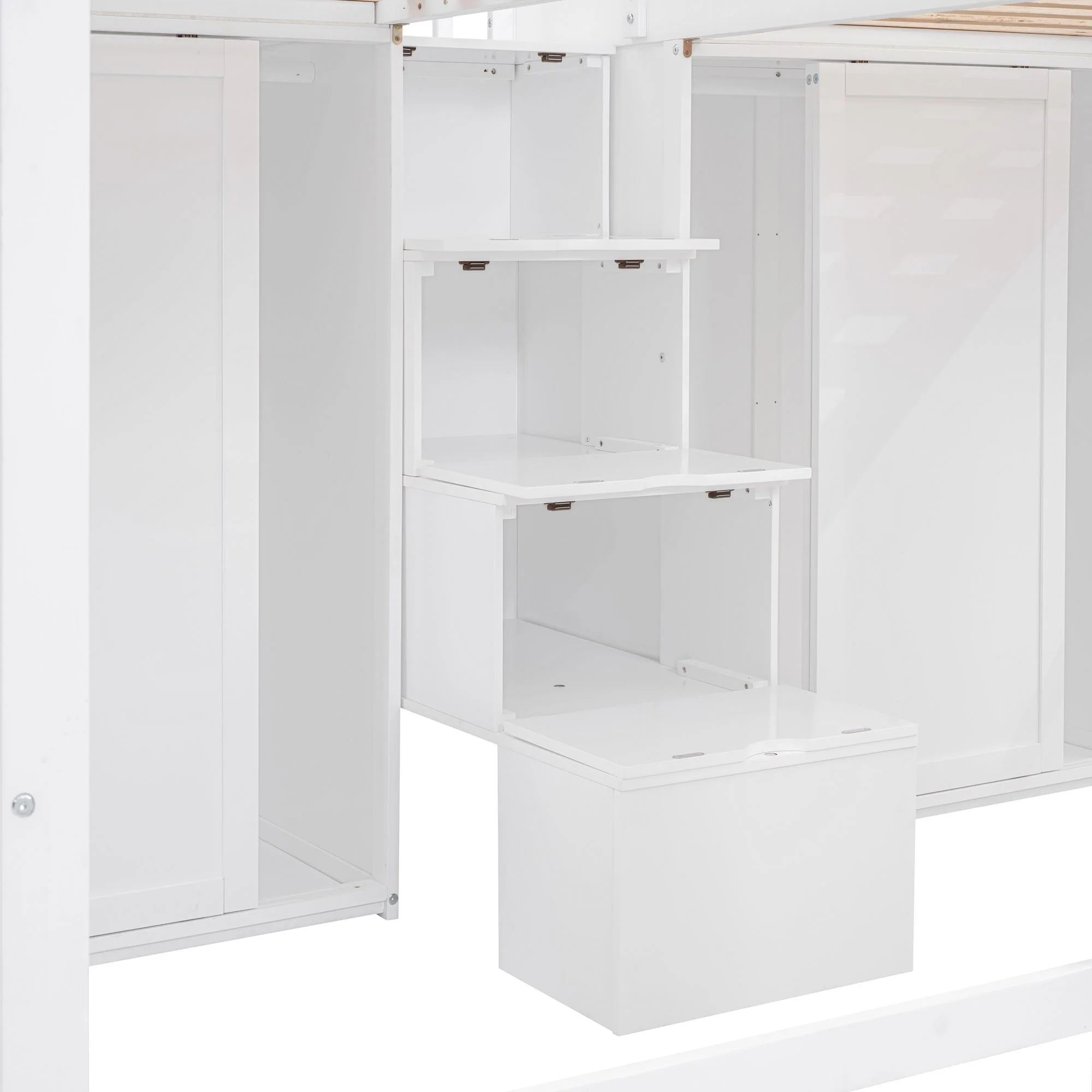 Double Twin Loft Bed, Solid Wood Loft Bed with Wardrobes and Staircase, Modern Storage Loft Bed with Storage Stairs and Shelves for Boys Girls Teens, Space Saving