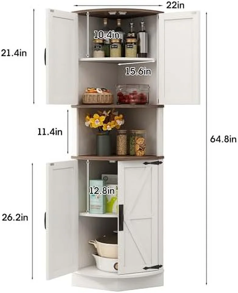 RUNFAYBIU 64.8" Tall Farmhouse Corner Cabinet with 4 Doors and 5  Shelves  Farmhouse  Cabinet with Barn Door Design  Home Space Saver for Living Room  Kitchen  Laundry Room White