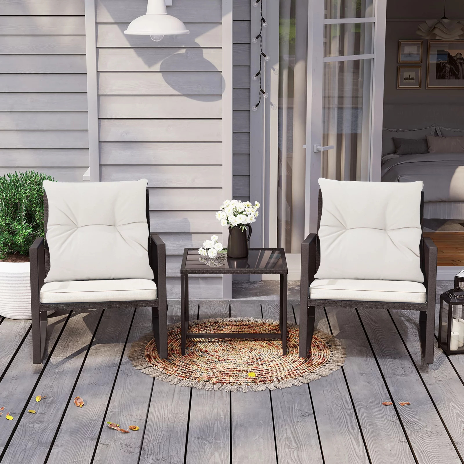 COSIEST 3 Piece Bistro Set Patio Rocking Chairs Outdoor Porch Furniture w Off-White Cushions
