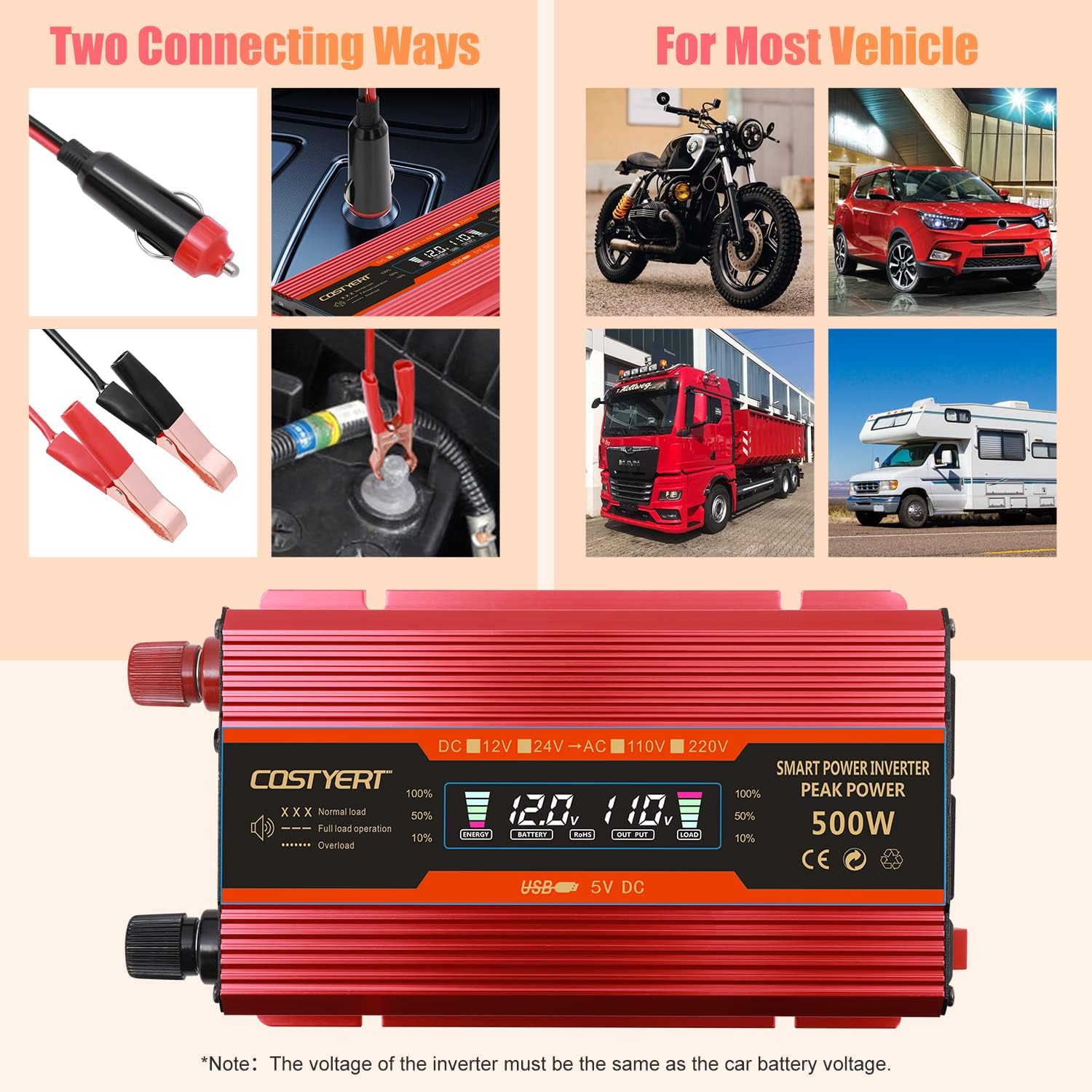 COSTYERT 500W Power Inverter DC 12V to 110V AC Car Inverter with Alligator Battery Clamp, LCD Display, Dual AC Outlets & 2.0A USB Ports Charger, Red