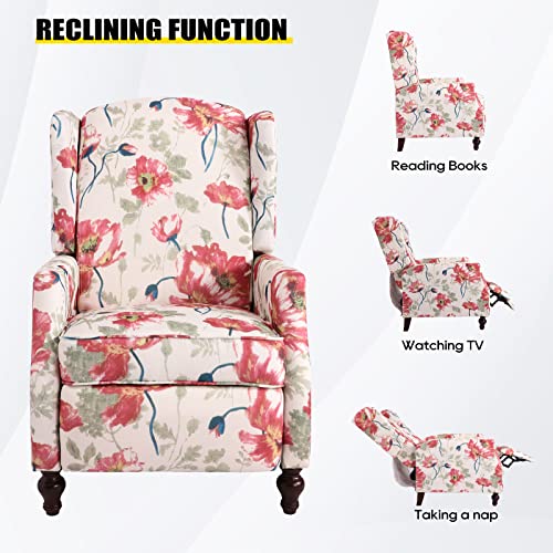 Wingback Recliner Chair with Massage and Heat, Tufted Fabric Pushback Recliner Chair, Wingback Chair with Remote Control, Padded Cushion, Wooden Legs, Small Recliners for Small Spaces