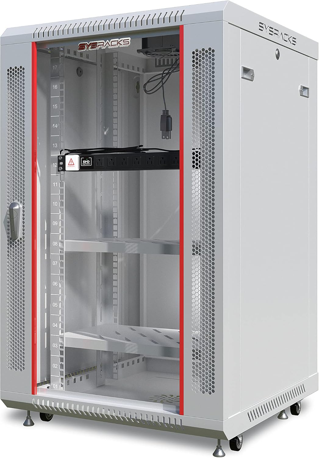Sysracks 18U Wall Mount Gray IT Network Av Data Server Rack Cabinet Enclosure 24 Inch Depth - 2 Shelves - 8-Way PDU - Fan - Casters - Hardware
