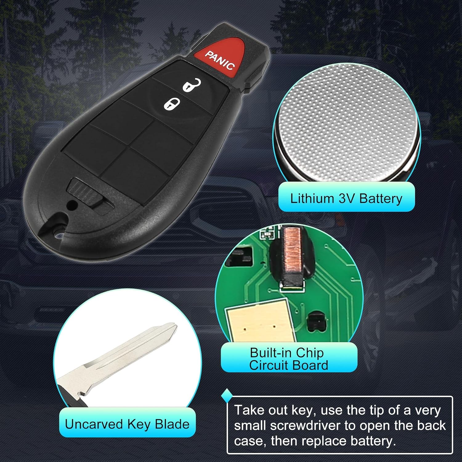 X AUTOHAUX Replacement Keyless Entry Remote Car Key Fob GQ4-53T 433Mhz for Dodge for Ram 1500 2500 3500 2013-2018 3 Buttons with Door Key 56046953