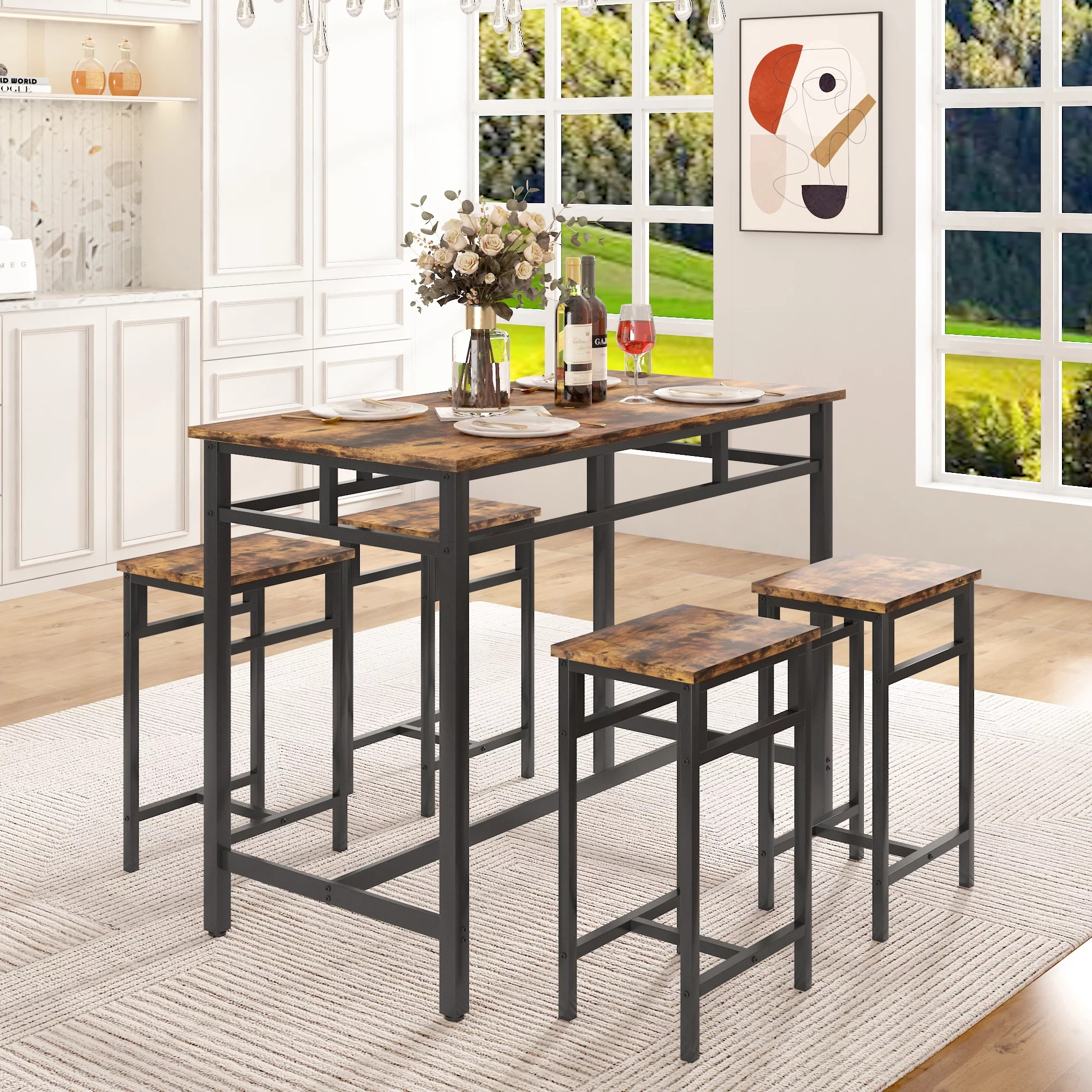 5 Piece Dining Table Set, Modern Pub Table Set with 4 Stools, Counter Height Bar Table Set, 4-Person Home Dining Table and Stools Set, Kitchen Table Set for Breakfast, Rustic Brown, D8997