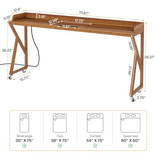 Tribesigns Overbed Table, 70.9" Queen Size Bed Table Over Bed Desk with Adjustable Tilt Board, Mobile Laptop Cart Computer Desk with 2 AC Outlets & 2 USB Ports on Wheels for Home/Hospital