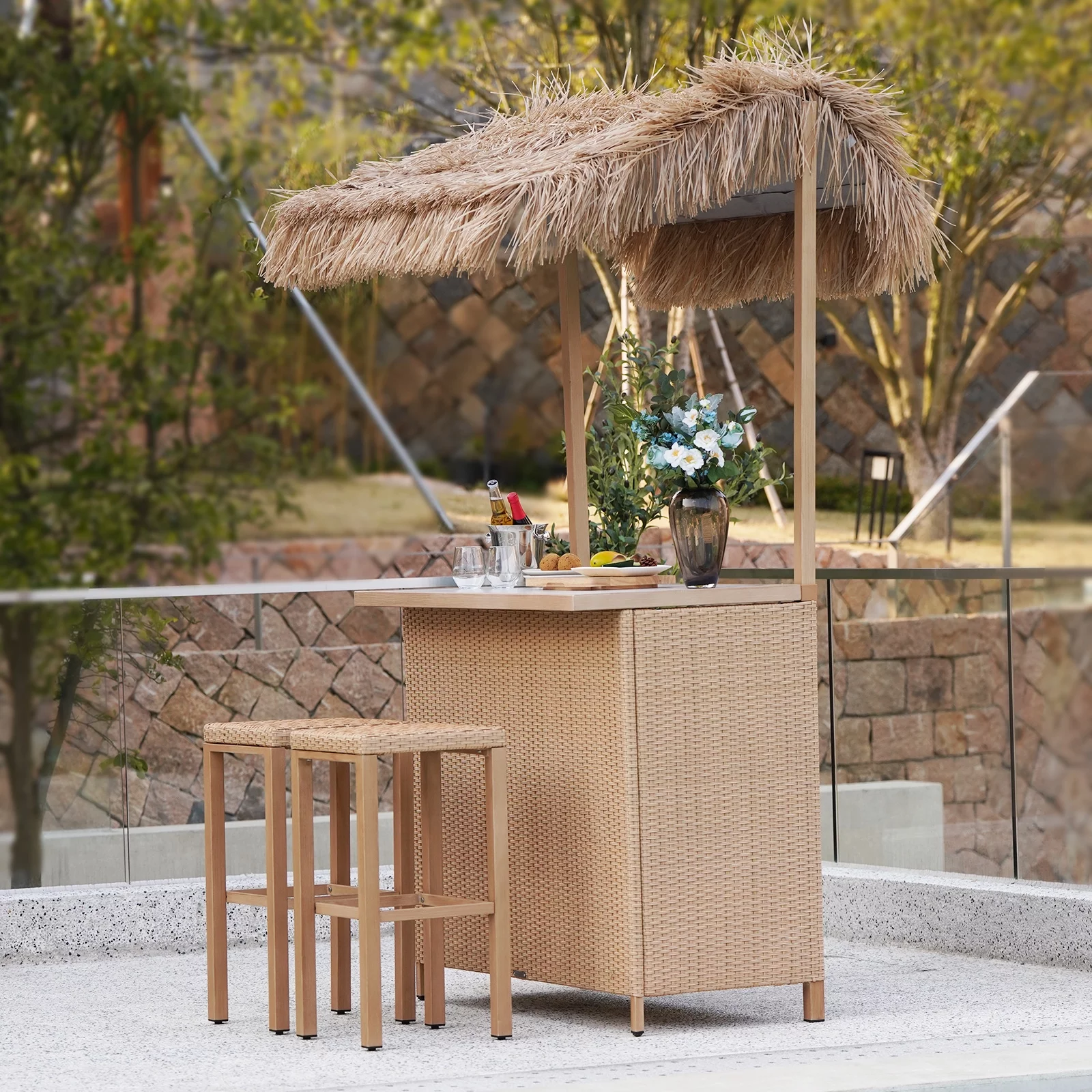 Grand Patio Outdoor Tropical Paradise Tiki Bars, Phuket 3 Piece All Weather Resin Wicker Steel Islander Tiki Bar and 2 Stools with Ceramic Top & Storage for Garden Hawaiian Luau Party, Natural