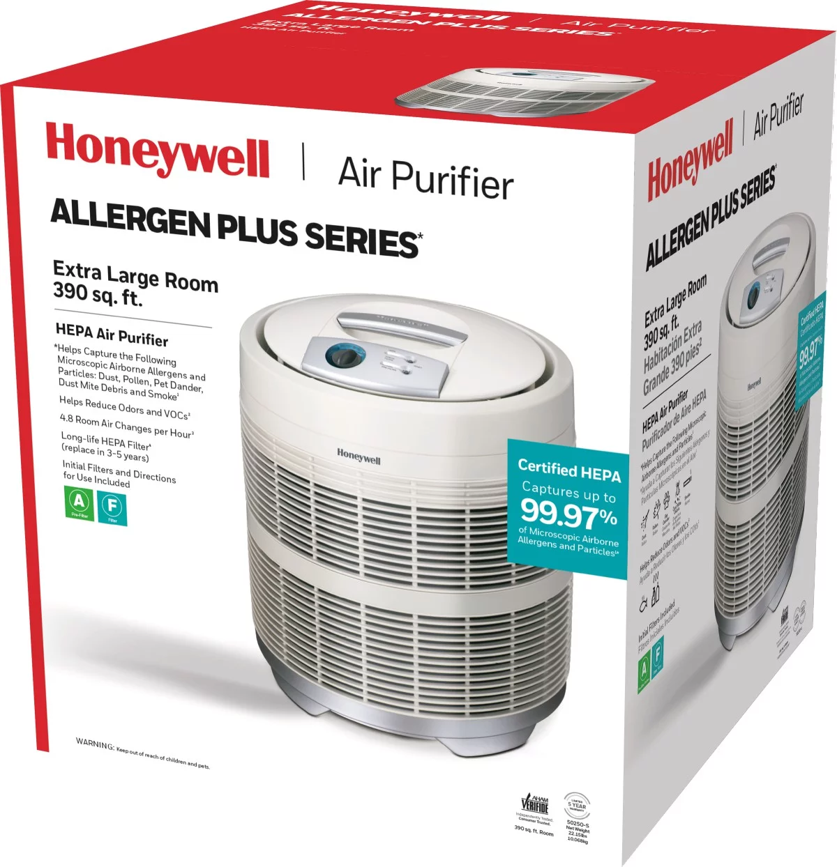 Honeywell Air Purifier, 50250-S, 390 sq ft, HEPA Filter, Allergen, Smoke, Pollen, Dust Reducer