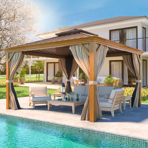 YOLENY 10' x 12' Hardtop Gazebo, Wood-Looking Gazebo with Galvanized Steel Double Roof, Aluminum Frame, Permanent Metal Pavilion with Netting and Curtains for Deck, Backyard, Patio and Lawns