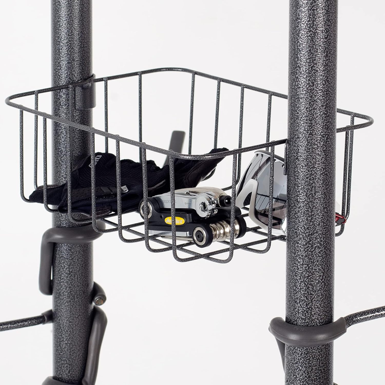 Delta Cycle 4 Bike Rack Garage - Bike Storage Rack with Basket - No Drilling Required - Fully Adjustable Vertical Bike Rack for Any Style Bicycle - Freestanding Wall Bike Rack Holds Up to 160 lbs