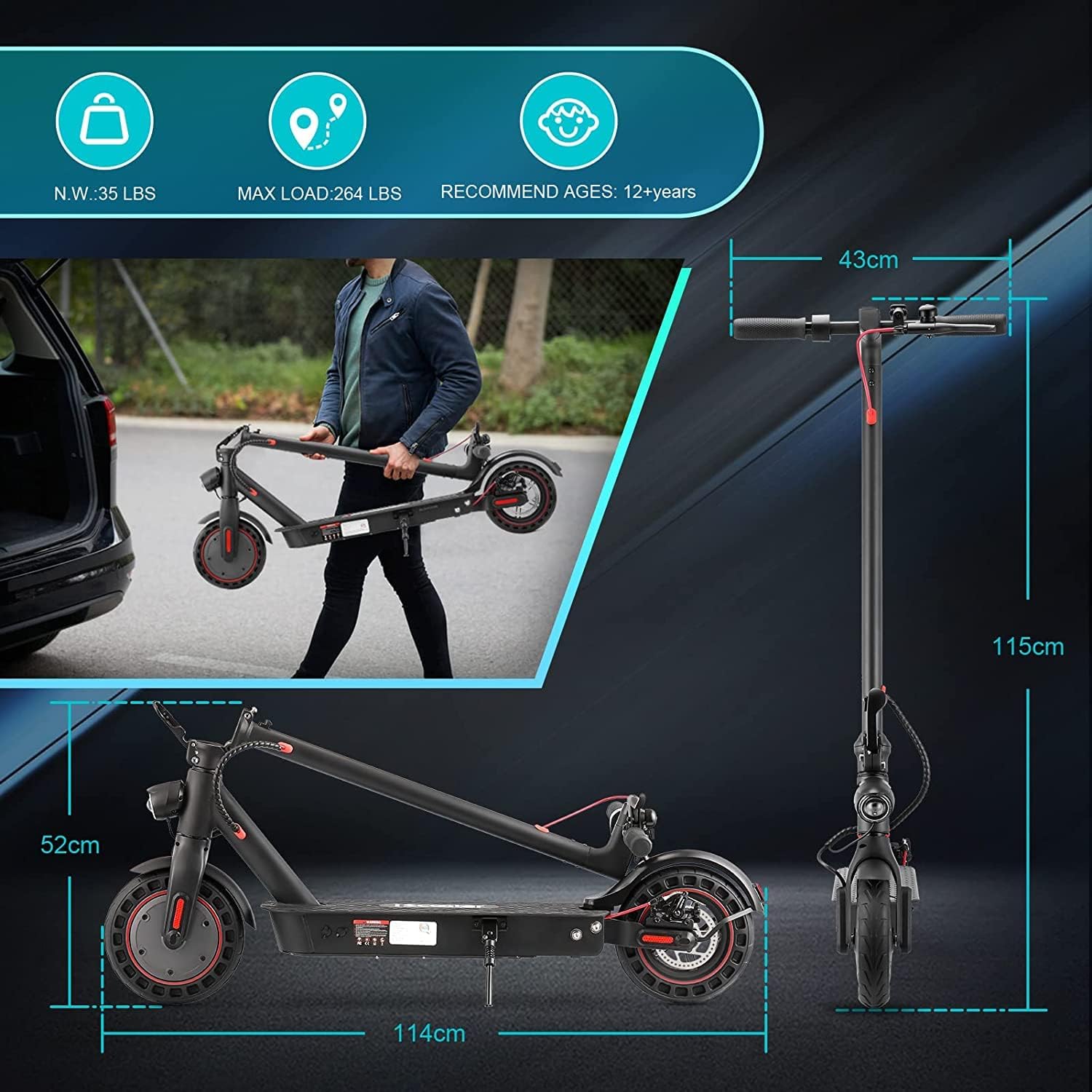 iScooter MAX Electric Scooter - 500W Motor, Up to 22 Miles Range, 21.7 MPH Top Speed, 10" Solid Tires, Dual Suspensions, UL Certified Folding Electric Scooter for Adults Commute