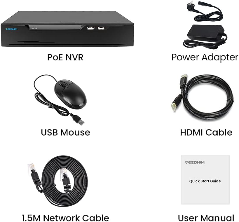 VEEZOOM 4K NVR 8 Channel, Pre-Installed 2TB Hard Drive NVR Recorders, Supports 4K/5MP/4MP/3MP/1080P PoE Cameras, 24/7 Video Surveillance Home Security Camera System, up to 12TB HDD Capacity